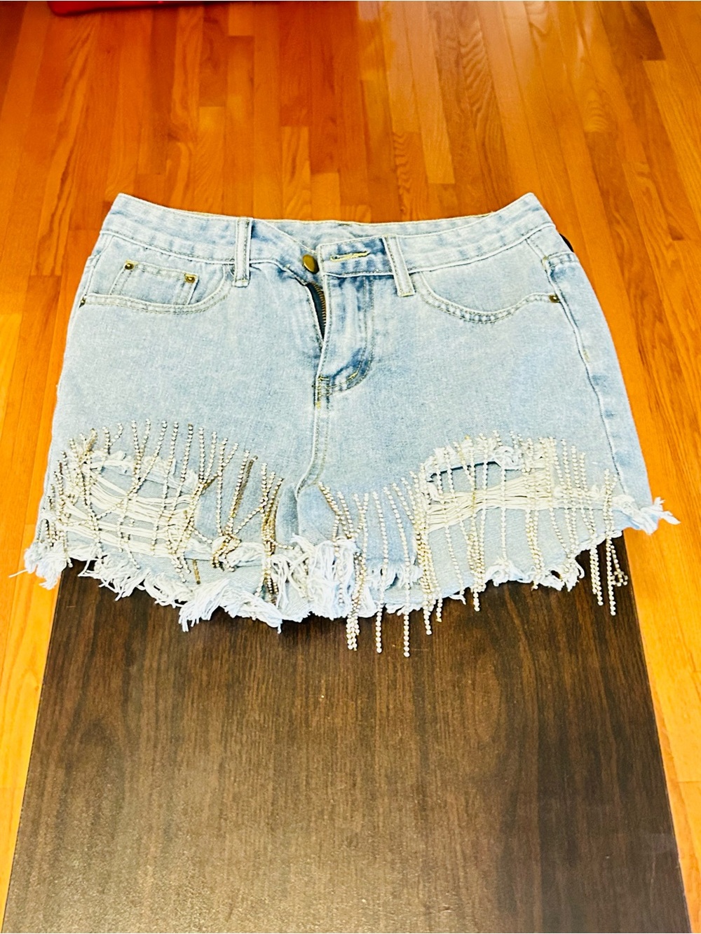 Women's Light Blue Denim Mini Skirt with Rhinestone Fringe